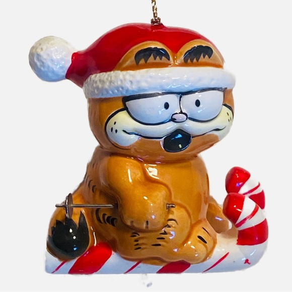 Christmas Garfield Enesco Santa Hat Candy Cane Skis With Poles Ceramic Vintage - Picture 12 of 12